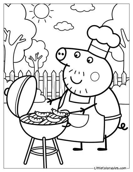 Daddy Pig Cooking on the Barbecue Coloring Page