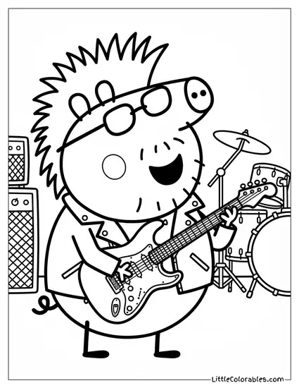 Daddy Pig Dressed as a Rock Star Playing Guitar Coloring Page