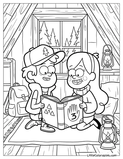 Dipper and Mabel Reading the Journal Coloring Page