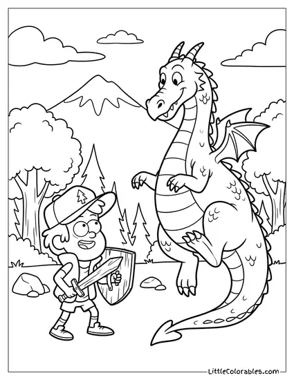 Dipper Pines Fighting a Dragon Coloring Page