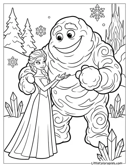 Elsa Creating Giant Snow Monster Marshmallow Coloring Page