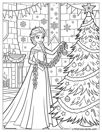 Elsa Decorating the Castle for Christmas Coloring Page