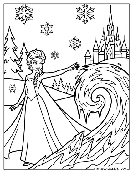 Elsa Freezing a Wave Instantly Coloring Page