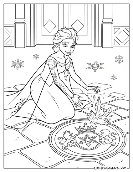 Elsa Freezing the Royal Crest on the Floor Coloring Page