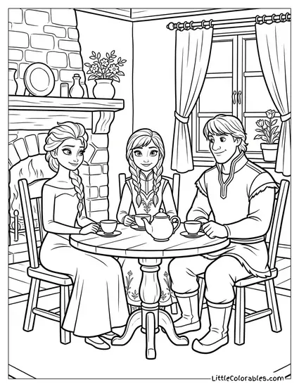 Elsa Having Tea with Anna and Kristoff Coloring Page