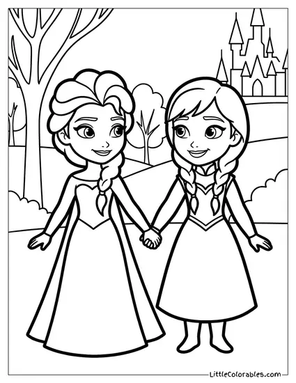 Elsa Holding Hands with Anna Coloring Page