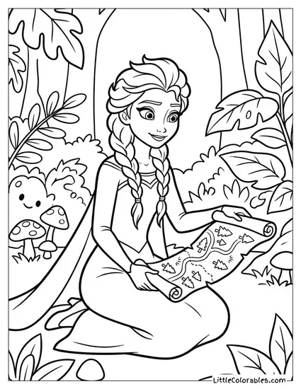 Elsa Looking at a Map of the Magical Forest Coloring Page