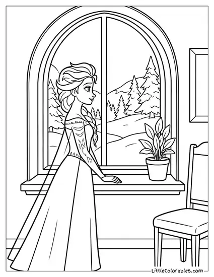Elsa Looking Out a Window at the Snow Coloring Page