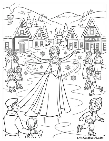 Elsa Making an Ice Rink for Villagers Coloring Page