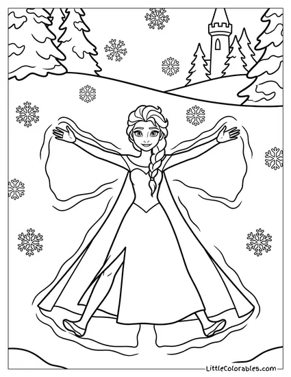 Elsa Making Snow Angels Coloring Page