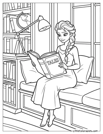 Elsa Reading a Book in the Library Coloring Page
