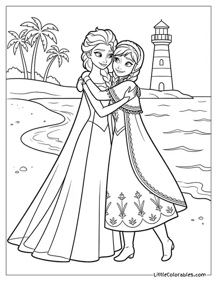 Elsa Reuniting with Anna on the Beach Coloring Page