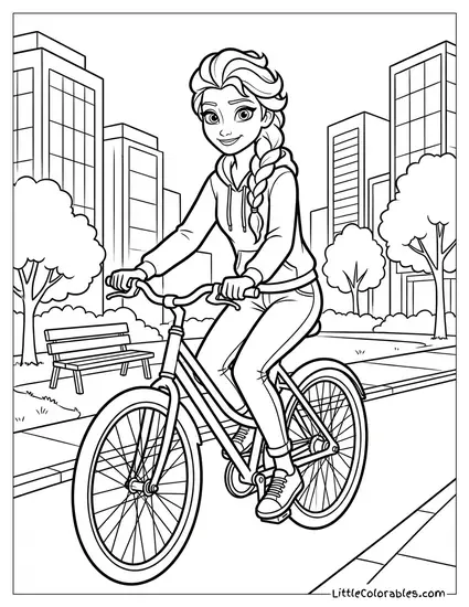Elsa Riding a Bike in a Modern Setting Coloring Page