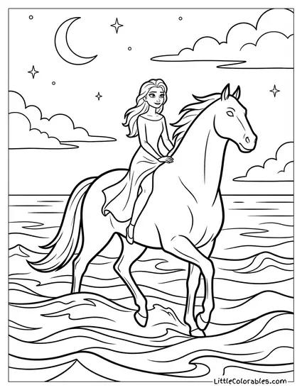 Elsa Riding the Nokk Across the Dark Sea Coloring Page