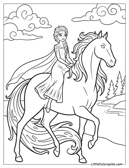 Elsa Riding the Water Spirit Horse Coloring Page