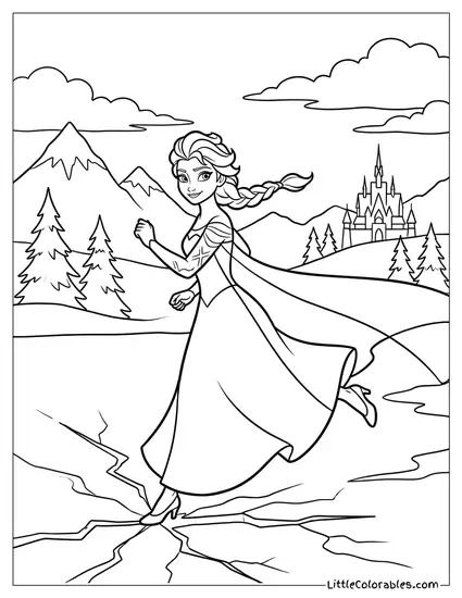 Elsa Running Across the Fjord Ice Coloring Page