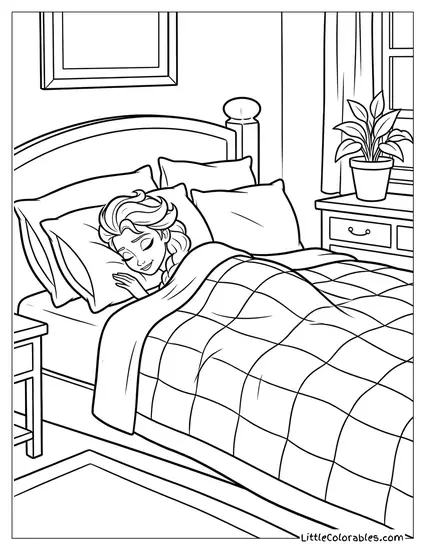 Elsa Sleeping in Her Bed Coloring Page