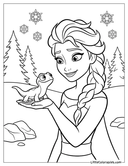 Elsa Smiling at Bruni the Salamander Coloring Page