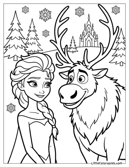 Elsa Smiling at Sven the Reindeer Coloring Page