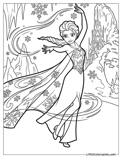 Elsa Transforming Her Dress with Magic Coloring Page