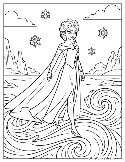 Elsa Walking on Water Coloring Page
