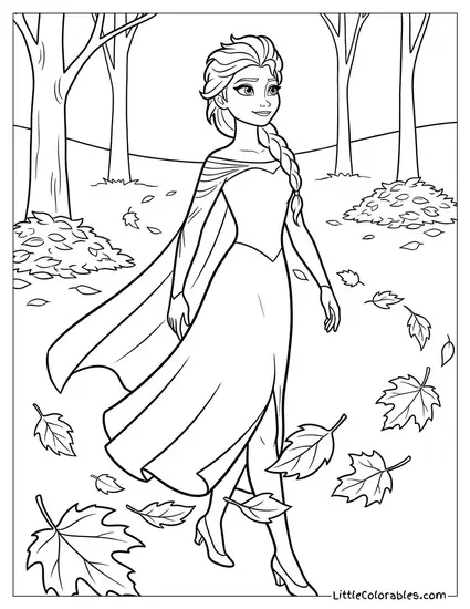 Elsa Walking Through the Autumn Leaves Coloring Page