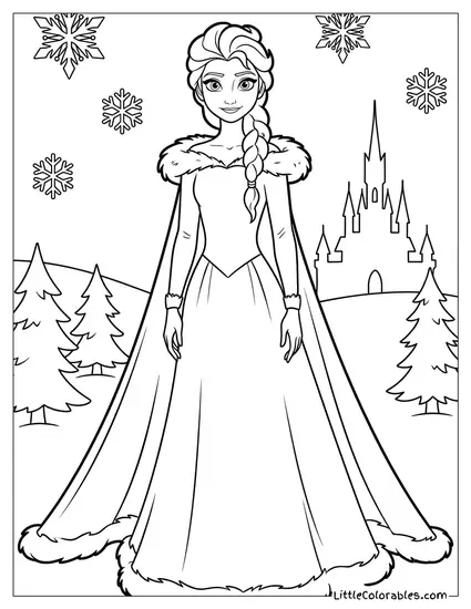 Elsa Wearing Her Winter Holiday Dress with Fur Coloring Page