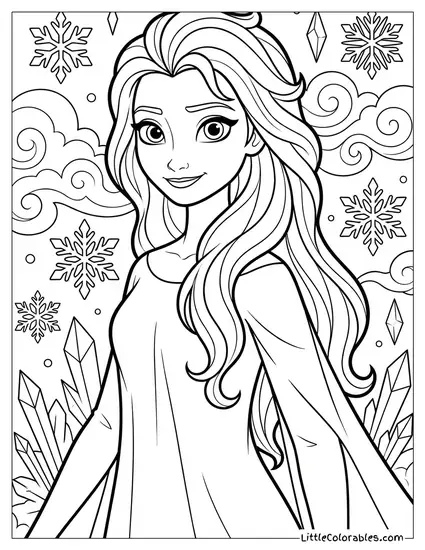 Elsa with Her Hair Down and Flowing Coloring Page