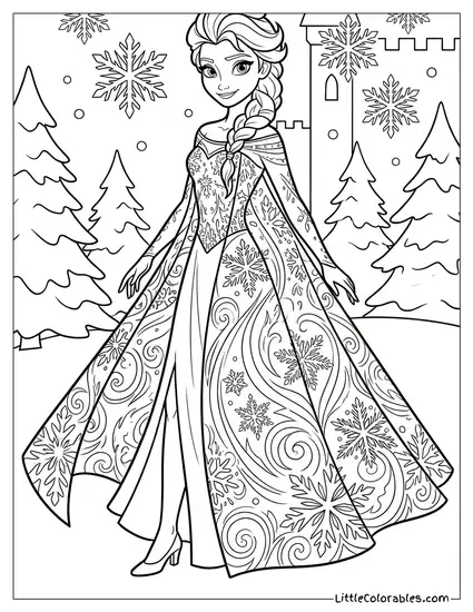 Elsa with Intricate Snowflake Patterns Coloring Page