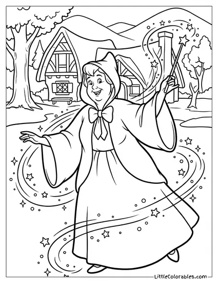 Fairy Godmother Appearing with Magic Sparkles Coloring Page