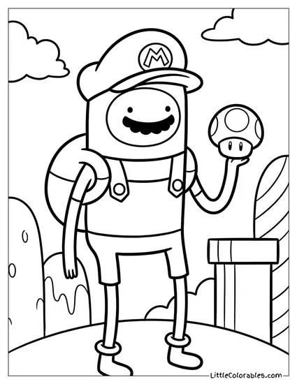 Finn the Human Dressed as Mario Coloring Page