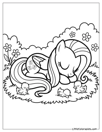 Fluttershy Curled Up Asleep Surrounded by Three Tiny Fluffy Ducklings My Little Pony Coloring Page