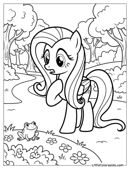 Fluttershy Looking Delightfully Startled by a Tiny Frog Sitting in Front of Her My Little Pony Coloring Page