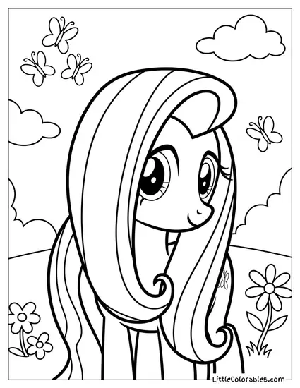 Fluttershy Shyly Hiding Her Face Behind Her Long Mane Peeking Out with Just One Eye My Little Pony Coloring Page