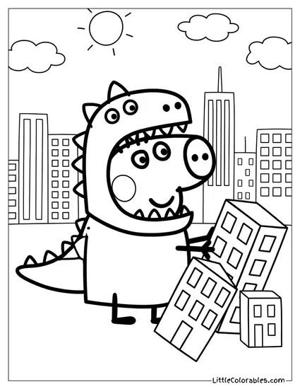 George Pig Dressed as a Giant Dinosaur Destroying a City Coloring Page