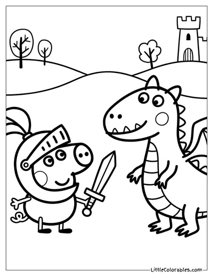George Pig Dressed as a Knight Fighting a Dragon Coloring Page