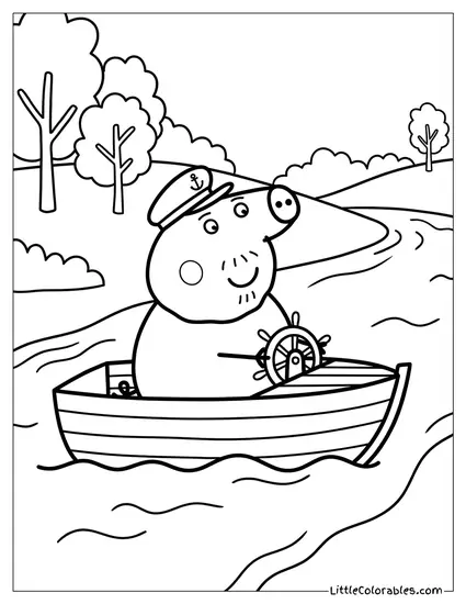 Grandpa Pig Driving His Boat Coloring Page