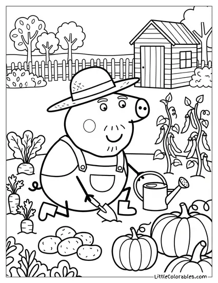 Grandpa Pig Gardening with Vegetables Coloring Page
