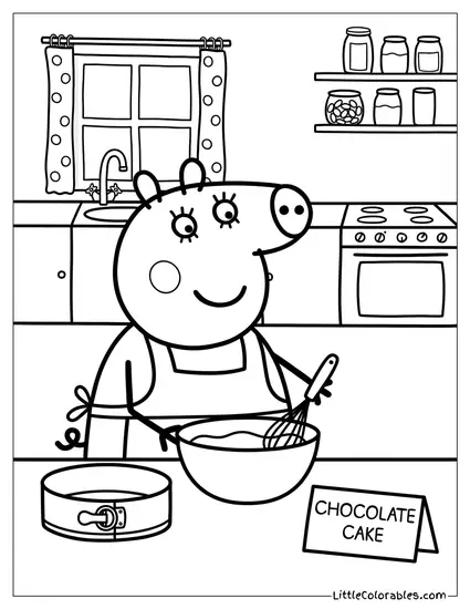Granny Pig Baking a Chocolate Cake Coloring Page