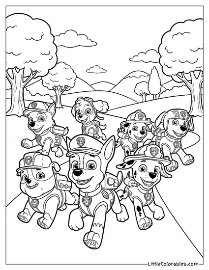 Group of Pups Running Together PAW Patrol Coloring Page