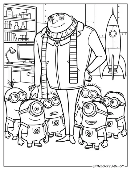 Gru Standing with His Minions Coloring Page
