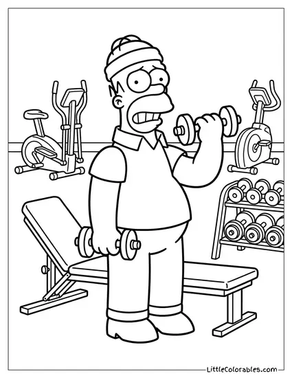 Homer Simpson Working Out at the Gym Coloring Page