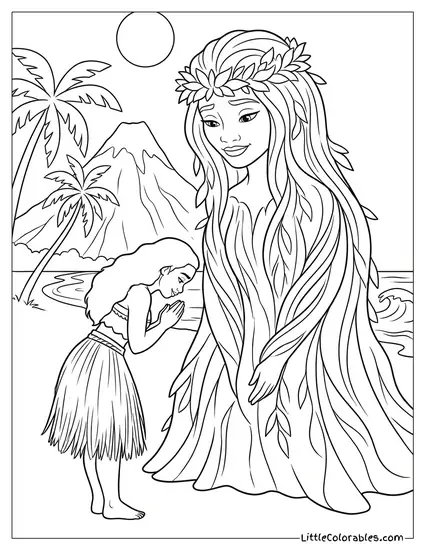Moana Bowing to the Goddess Te Fiti Coloring Page