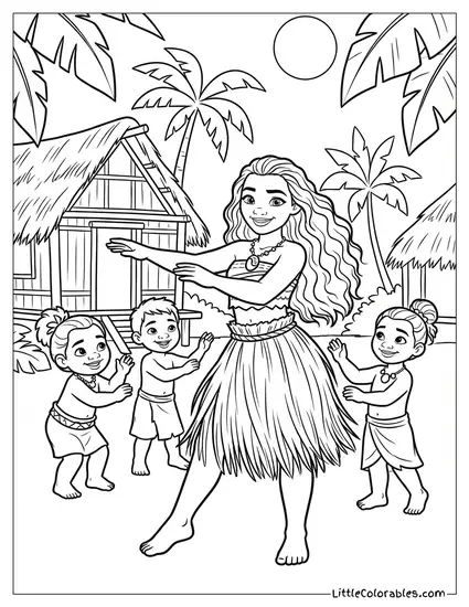 Moana Dancing the Hula with Village Kids Coloring Page