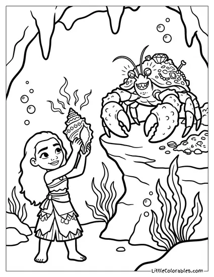Moana Distracting Tamatoa with a Shiny Shell Coloring Page