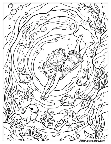 Moana Diving into the Realm of Monsters Coloring Page