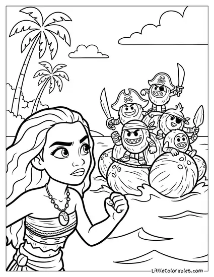 Moana Facing the Kakamora Pirates Coloring Page