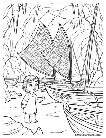 Moana Finding the Ancient Boats in the Cave Coloring Page