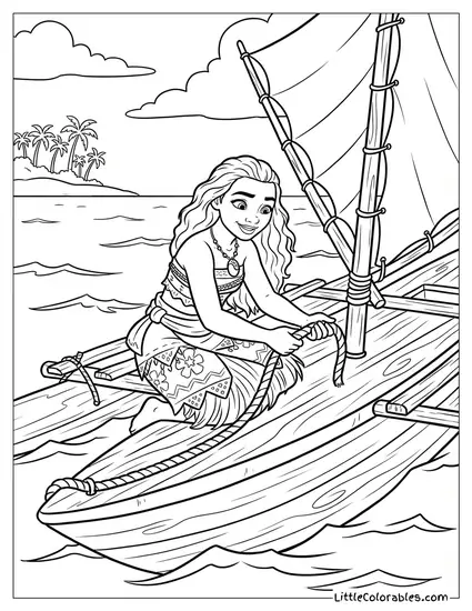 Moana Fixing a Rope on the Boat Coloring Page