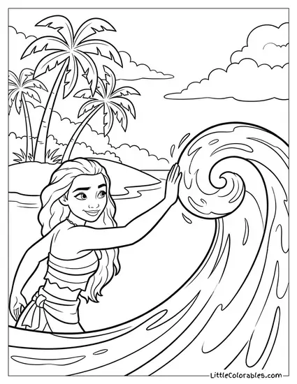 Moana High-Fiving the Ocean Wave Coloring Page